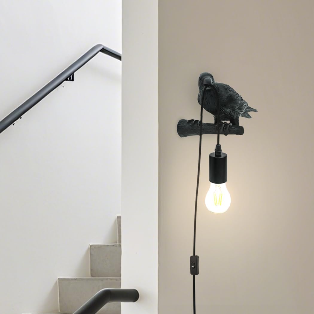 Modern Wall Sconces Cute Crow Lamp,Wall Lamps for Living Room Gothic Bird Lamp,Creative Resin Wall Lights for Bedroom Animal Lamps,Home Office Raven Decor,Crow Gifts,E12 Base,Button Control(Right)