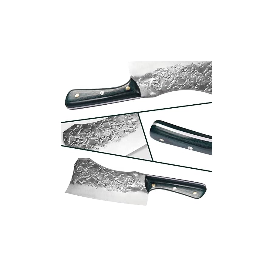 FULLHI Portable 14pcs Butcher Knife Set Green Woodhandle with Knife Bag Hand Forged Chef Knife Boning Knife High Carbon Steel Viking Knife Set for Kitchen, Camping, BBQ