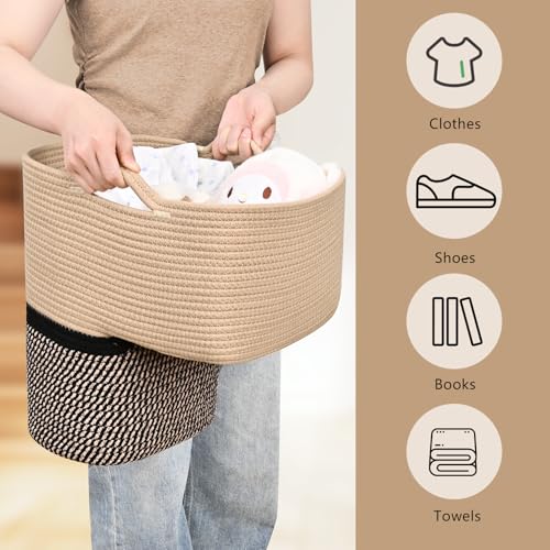 Image of Woven Stair Basket, Stair Baskets for Wooden Stairs, Carpeted Stairs Storage Basket with Handles, Staircase Baskets for Toys, Books, Black, 15 inch L x 10 inch W x 15 inch H