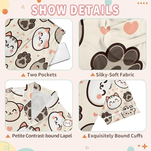 senya Cute Cat Paw Footprints Satin Summer Pajama Sets Silk Short Sleeve Button Down Sleepwear3