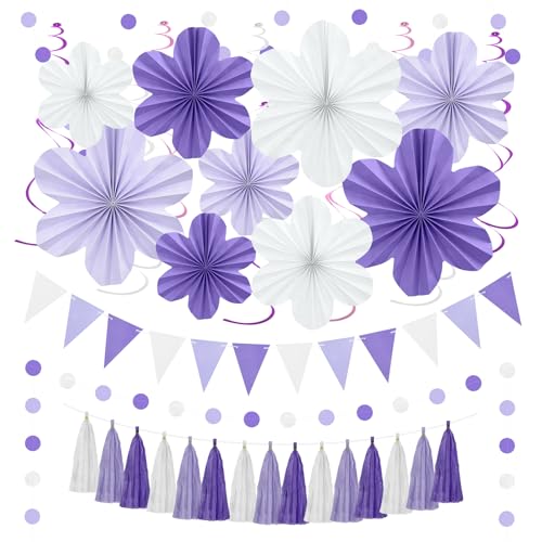 Image of Lavender Birthday Party Decorations Purple White Party Decorations | Hanging Paper Flowers Tassel Garland Swirls for Women Girl Graduation Baby Showers Wedding Bachelorette Retirement Supplies