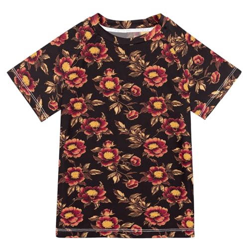 ALAZA Kids Rash Guard Girls Toddler Swim Shirts Short Sleeve Red Peony UPF 50+ 3T