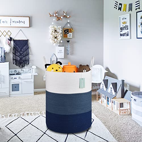 Image of Large Cotton Rope Laundry Hamper for Clothes 65L, White & Blue | 16 inchx 20 inch, Tall Woven Storage Basket for Nursery, Bedroom & Living Room; Stores Clothes, Blankets, Pillows, Toys & Towels