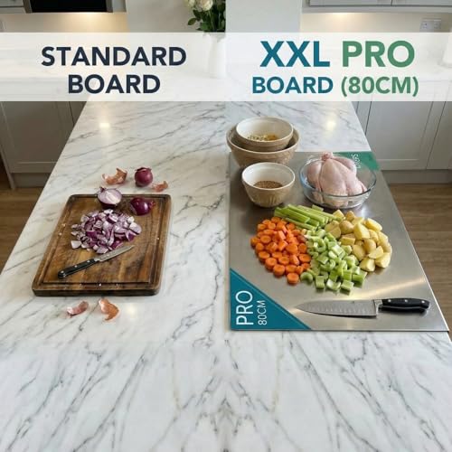 Image of Herrlich Homes 304 Stainless Steel Chopping Board with Lip for Kitchen| Free Rollin Pin |Counter Top | Rust Proof | Easy to use| Round Edge| For Cutting Vegetables, Meat,Fish,Fruits | 2XL | 80 X 50 cm