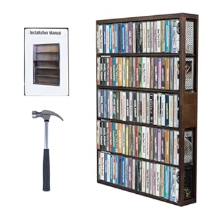 Wooden Cassette Tape storage Rack,Large Storage,Hold up to 115 cassette tapes,Wall Mountable,17 * 25.4 * 2.75 inches,Perfect for Cassette Collections,wire mesh on both sides,Rustic