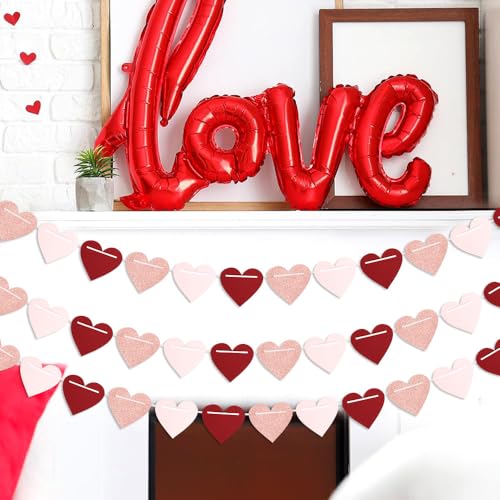 Image of Galentines Party-Decorations Valentines Day Heart-Garland - 52ft Burgundy-Red Rose-Gold Streamers Paper Banner, Pink Anniversary Baby Shower Wedding Hanging Decor Hugfond