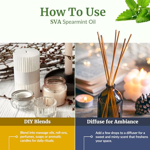 Image of SVA Spearmint Essential Oil, Glass Bottle with Dropper, 4 Fl Oz (118 ml) | Spearmint Essential Oil for Diffuser, Room Spray, Skin Care, Hair Care, Massage, Soap Making, Candle Making, Fragrance & DIY