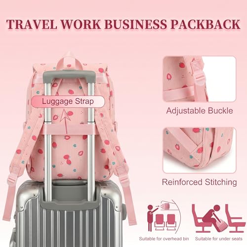Image of Women Laptop Backpack, Corduroy 15.6 inch Travel Backpack for Work College Business, Teacher Nurse Bag with Large Capacity School Bookbag Bags for Girls - Strawberry Pink