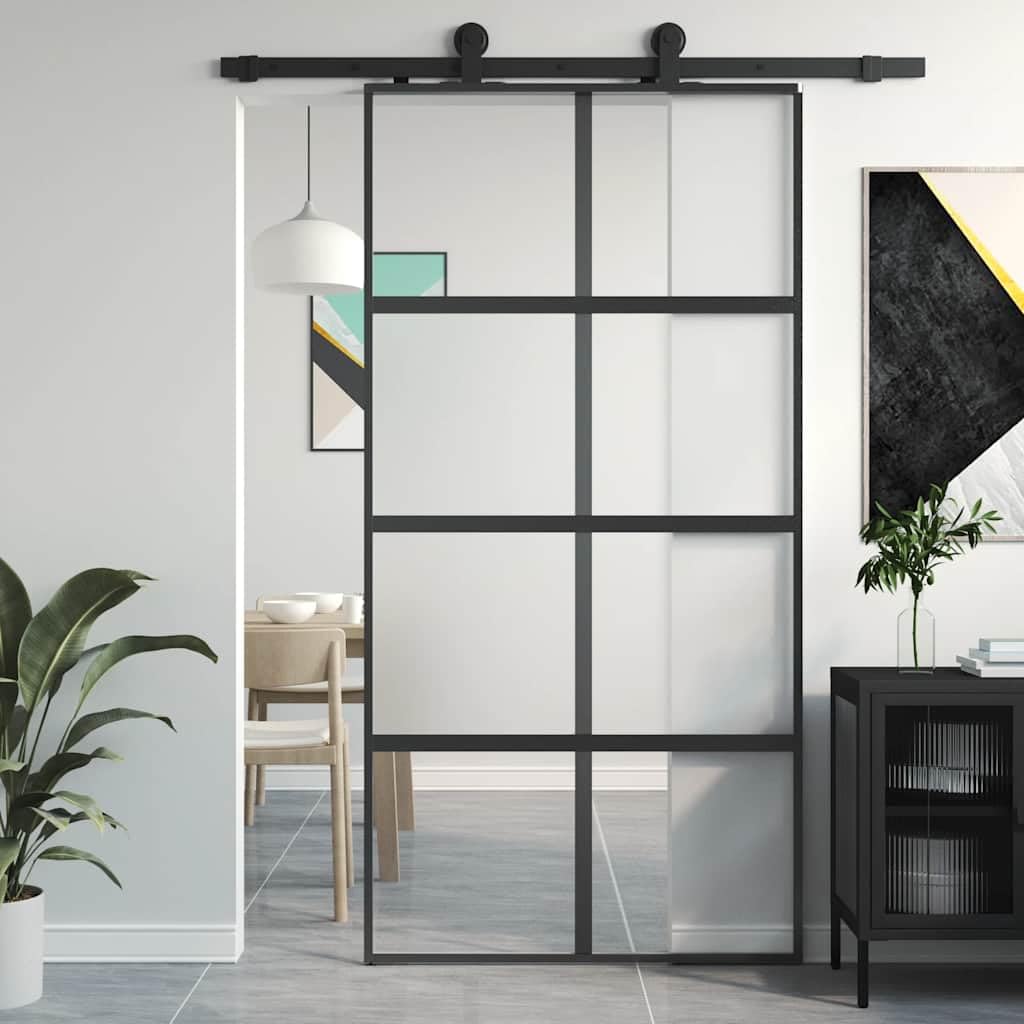 Drzwi przesuwne czarne, 102,5 x 205 cm, ze szkła hartowanego i aluminium