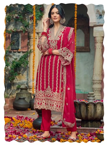 Image of INDO ERA Women's Organza Embroidered Straight Kurta and Pant with Dupatta Set (IEOUT10610)