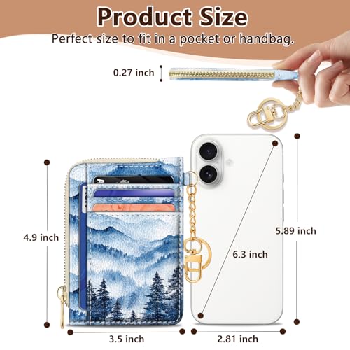 Image of GIANCOMICS Slim Wallet Credit Card Holder Women, Hoarfrost Ink Painting Rfid Small Card Case, Keychain Thin Pocket Curved Zipper Wallet, Travel Card Holder PU Leather ID Window, Ladies Female Gifts