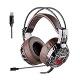 XIBERIA E1 USB Gaming Headset with Microphone,Over Ear Wired Stereo Computer Headphones, Volume Control Enhanced Bass Noise Canceling Flexible Headband with LED for PC PS4 Laptop and Mac(Brown