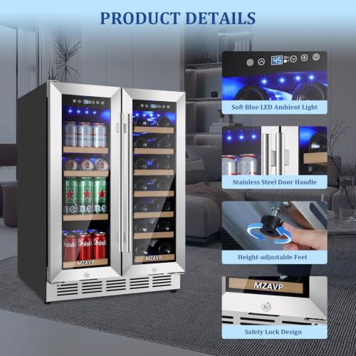 Image of 24 Inch Wine and Beverage Refrigerator, Dual Zone Wine Beverage Fridge with Glass Door, Built-In /Freestanding Beverage Cooler 24 inch with French Door, Holds 20 Bottles and 88 Cans for Home /Kitchen