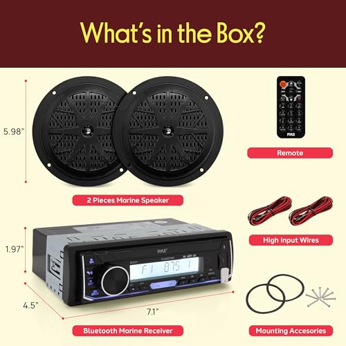 Image of Pyle Bluetooth Marine Receiver Stereo & Speaker Kit 300W Single DIN Boat Marine Head Unit l LCD, Mic, Hands-Free Calling, AUX, MP3 /USB /SD, AM /FM Radio, Remote - PLMRK47BK (Black)