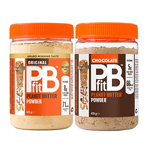 PBfit Peanut Butter Powder - Original & Chocolate - 87% Less Fat, Gluten Free All Natural Nut Butter Spread - Powdered Peanut Butter from Real Roasted Peanuts - 425g (Pack of 2)