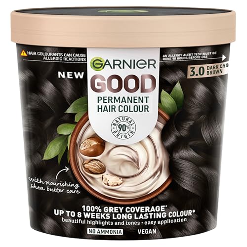 Garnier GOOD Permanent Hair Dye, 3.0 Dark Chocolate Brown. Provides 100% grey coverage and 8-week colour. No ammonia, vegan shea butter formula for rich, deep tones on all hair types.