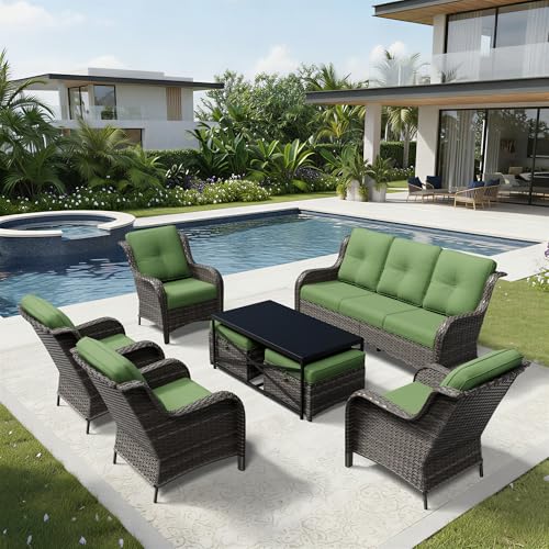 Image of Joyside 8 Piece Wicker Patio Furniture Set, Rattan Patio Chairs with High Back, Deep Seating, Wide Armrest, Thickened Cushions, Outdoor Furniture for Deck, Porch Use