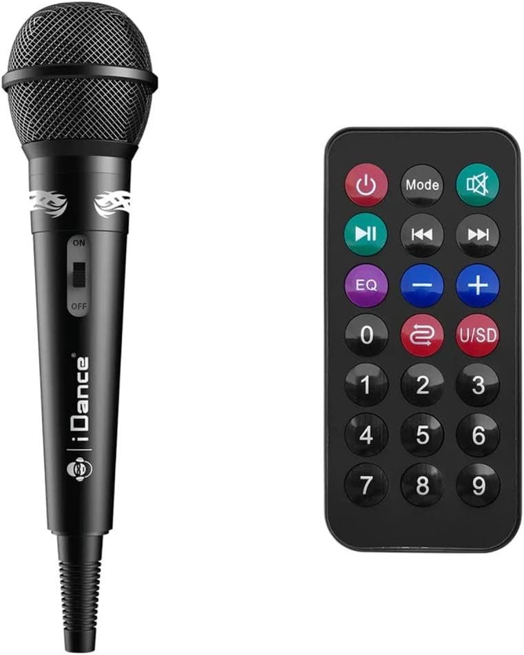 Nærbillede af iDance kablet mikrofon og fjernbetjening.