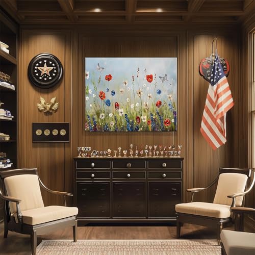 Image of Memorial Day Canvas Wall Art, USA Patriotic Flower Print, Red White Blue Blossoms and American Flag Butterflies Poster Framed Wall Painting for Living Room, Office, Holiday Decorations 20x24inch