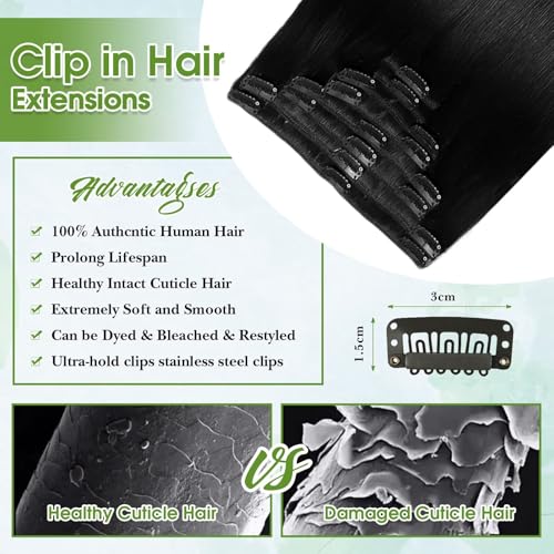 Image of Human Hair Clip in Extensions Real Human Hair Clip-in Jet Black Hair Extensions 16inch /65g Clip ins 100% Brazilian Remy Human Hair for Women Straight Soft Hair 8pcs Double Weft