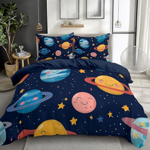 Duvet Cover King Size Cartoon Space Planet Reversible 3 Pieces Duvet Cover Set, Bedding Set for All Season, Soft and Breathable Bedding Set with Zipper Closure