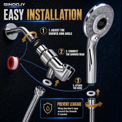 LED Shower head with Temperature Display with 59" Stainless Steel Hose by GINOOJY - Used condition - Image 7