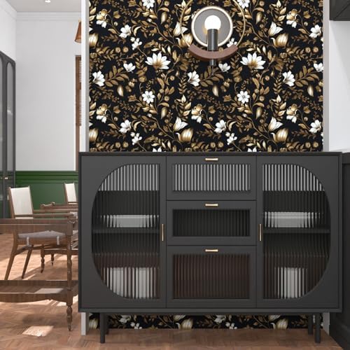 BOKEBEVE Vintage Peel and Stick Wallpaper Retro Floral Contact Paper Leaves Boho Wall Paper for Backsplash Tabletop Removable Waterproof Home Decor Black Gold Yellow 17.5 x 393.5In