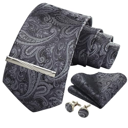 Image of Paisley Floral Mens Tie Formal Necktie Pocket Squares Ties Clips Cufflinks Classic for Men Set