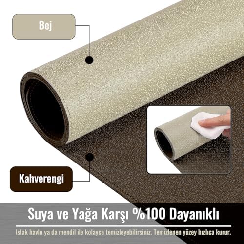 Klasse Çift Renk Dikişli PU Deri Masa Matı 80x40 Cm Mousepad, Su Geçirmez Masa Sümeni, Çift Taraflı Kullanım, Dizüstü Bilgisayar/Ofis/Ev için, Kaymaz Taban (Bej Ve Kahverengi) - Görsel 2