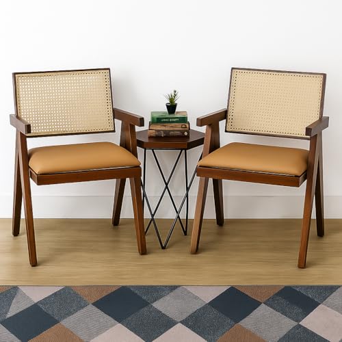 Image of Furniture Solid Sheesham Wood Arm Chair with Cushion and Cane Back Support Chair Living Room Bedroom Home Wooden Armchair Furniture Garden Balcony Outdoor & Indoor Set (Honey Camel seat)