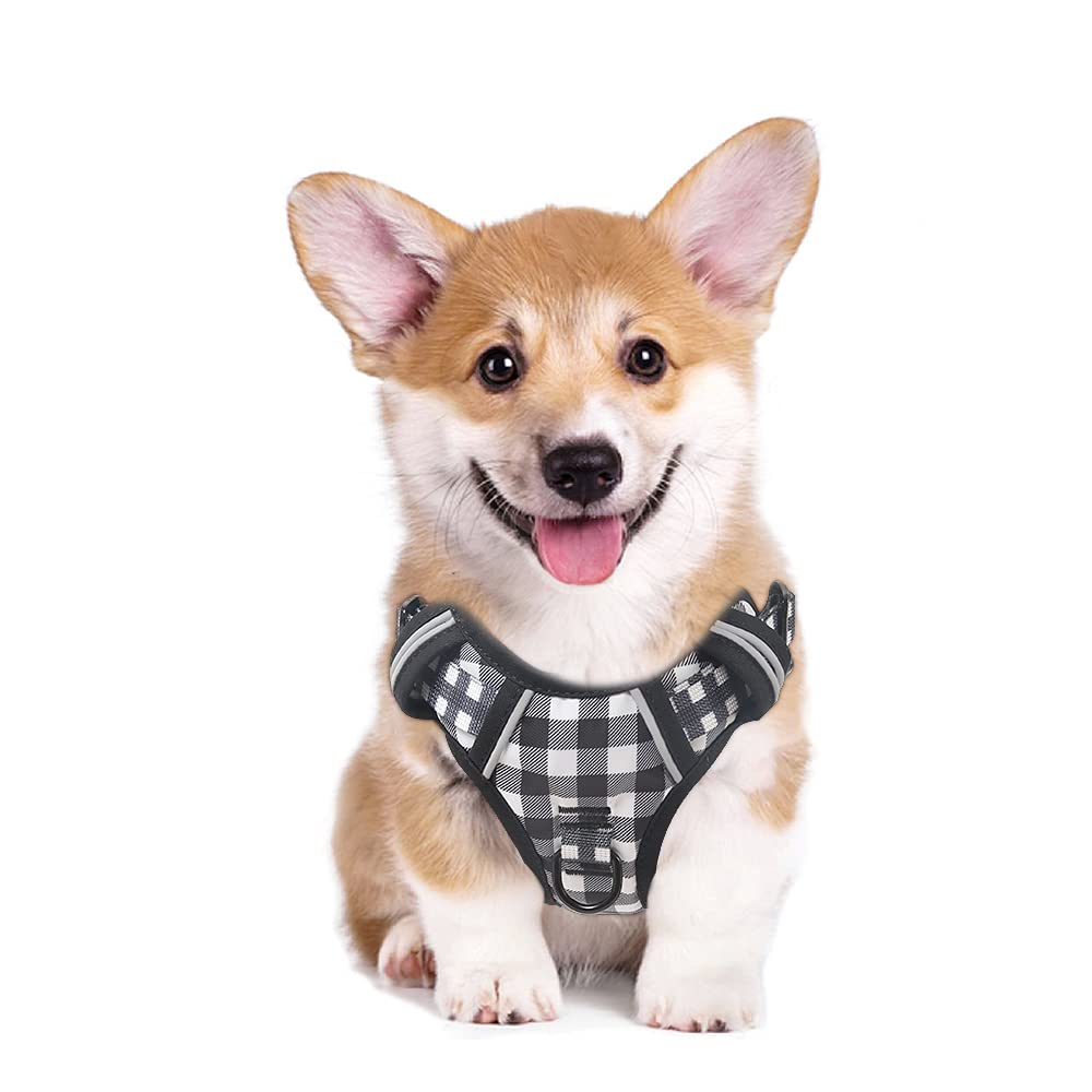 HEELE Pettorina Cane Taglia Media Riflettente Pettorina Addestramento Cani Anti Tiro con 2 Ganci in Metallo + Comodo Maniglia, Gilet per Cani Regolabile per Camminare, Plaid Nero-Bianco, M