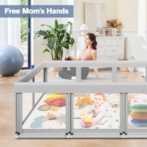 Image of Baby Playpen with Mat 74 inch x50 inch, Large Play Yards Indoor & Outdoor, Sturdy Safety Baby Play Pen with Soft Breathable Mesh, Toddlers Play Pen with Anti-Slip Base, Waterproof Mat Included