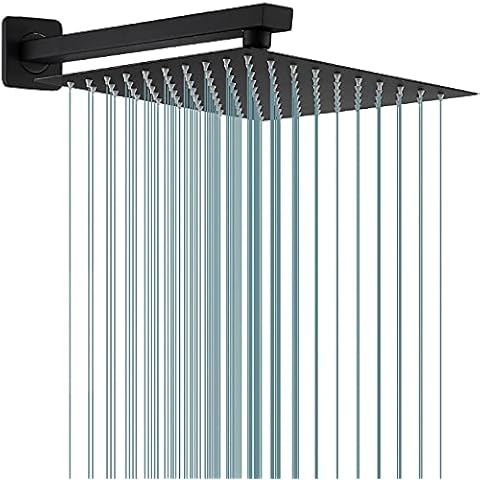Rain Shower Head Black with Extension Arm 12 Inch Square Shower Head with 16 Inch Shower Arm Large Stainless Steel Rainfall Showerhead Matte Black Waterfall Full Body Coverage by GGStudy Cover
