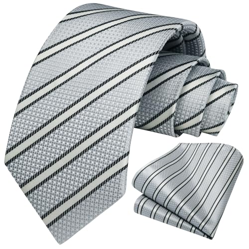 Image of HISDERN Mens Striped Ties Classic Silk Woven Tie and Pocket Square Set Formal Business Necktie Handkerchief for Wedding