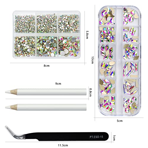 Yzzseven 2120 Nail Rhinestones Crystals Glass Gems Stones 6 Sizes Round Beads,12 Shapes Flatback Rhinestone Craft Diamonds Stones Bling Kit With Tweezers,Picking Pen For Nail Art Diy(02#Ab) #TOP1