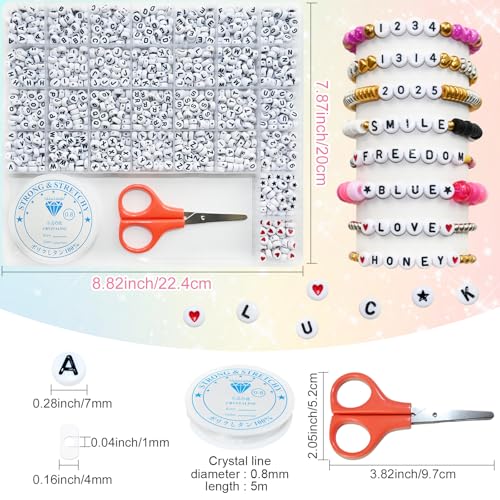 Image of Amaney 1500 Pieces 4x7mm White Round Acrylic Alphabet Letter Beads A-Z Number Beads Star Beads Heart Beads and Crystal Line for Jewelry Making
