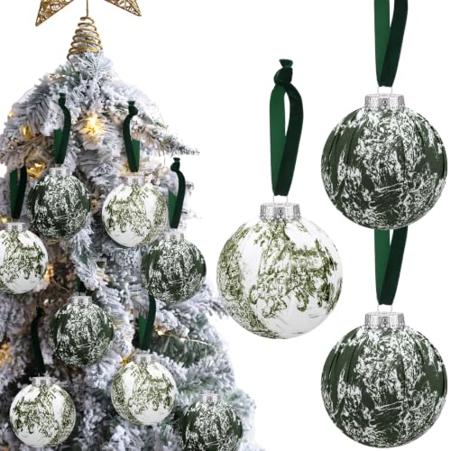 Junkin 12 Pcs Green Toile Christmas Ball Tree Ornaments, 3.15 Inch, Vintage