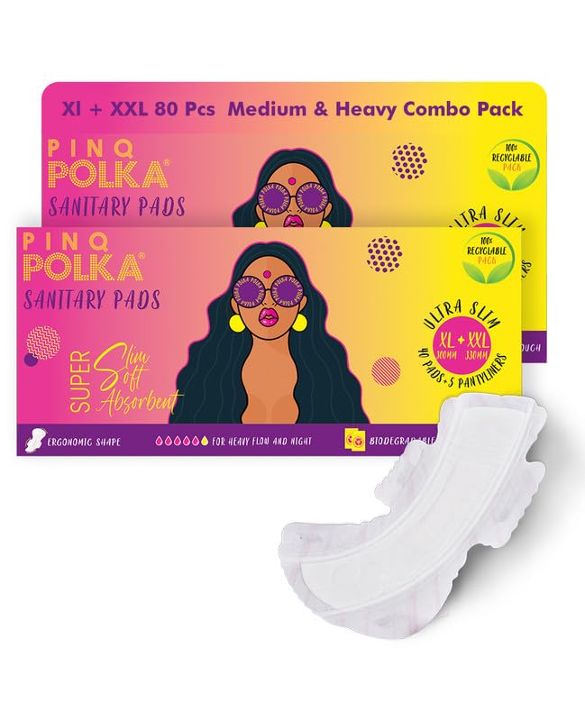 PINQ POLKA Sanitary Pads For Women|(Pack of 80) 40 XXL + 40 XLPads |Premium Ultra Thin Heavy Flow|Wider Back with 5 way Sticking|Organic Cotton Soft Rash Free|Biodegradable Diposable Bags|Toxin Free