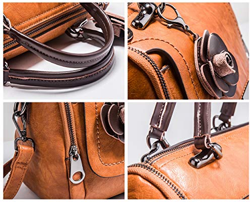 Boston Bags For Women Medium Top Handle Satchel Brown Round Purse Flower Leather Handbag #TOP2