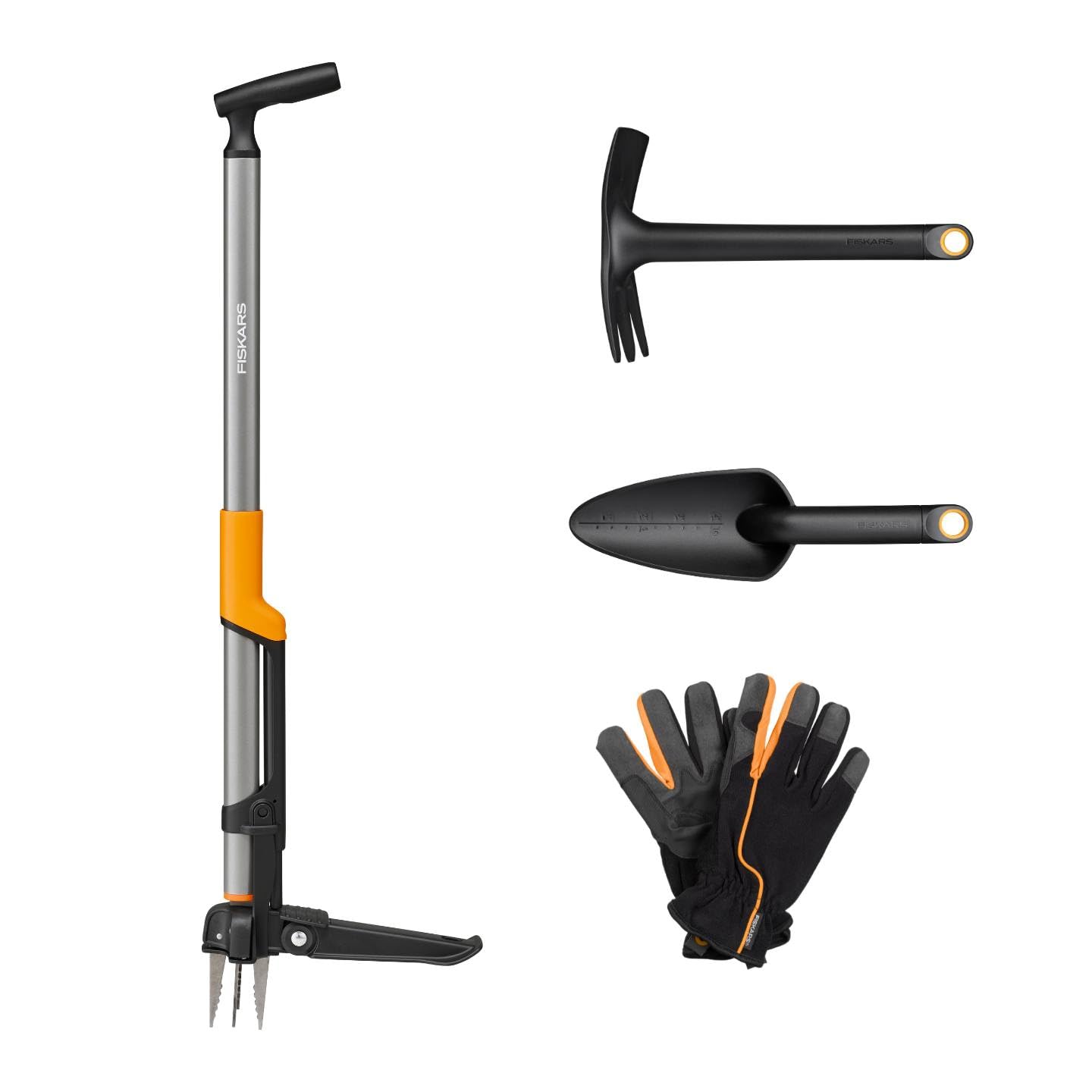 Fiskars Ergonomic Weed Puller + Hoe + Trowel + Garden gloves eCom