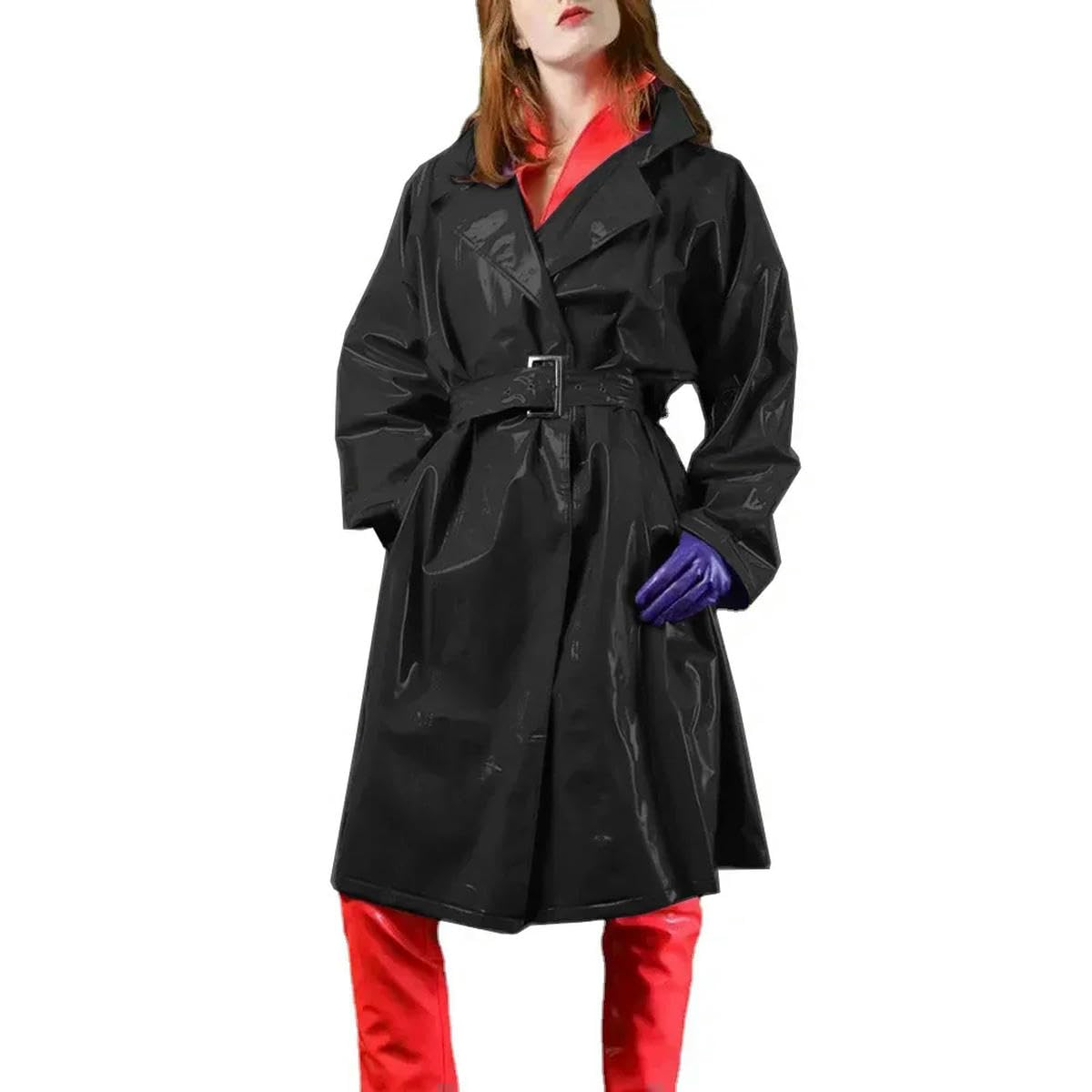 Womens Trench Coats Nightclub Slim Long Sleeve Belted PVC Windbreaker Overcoat customizable