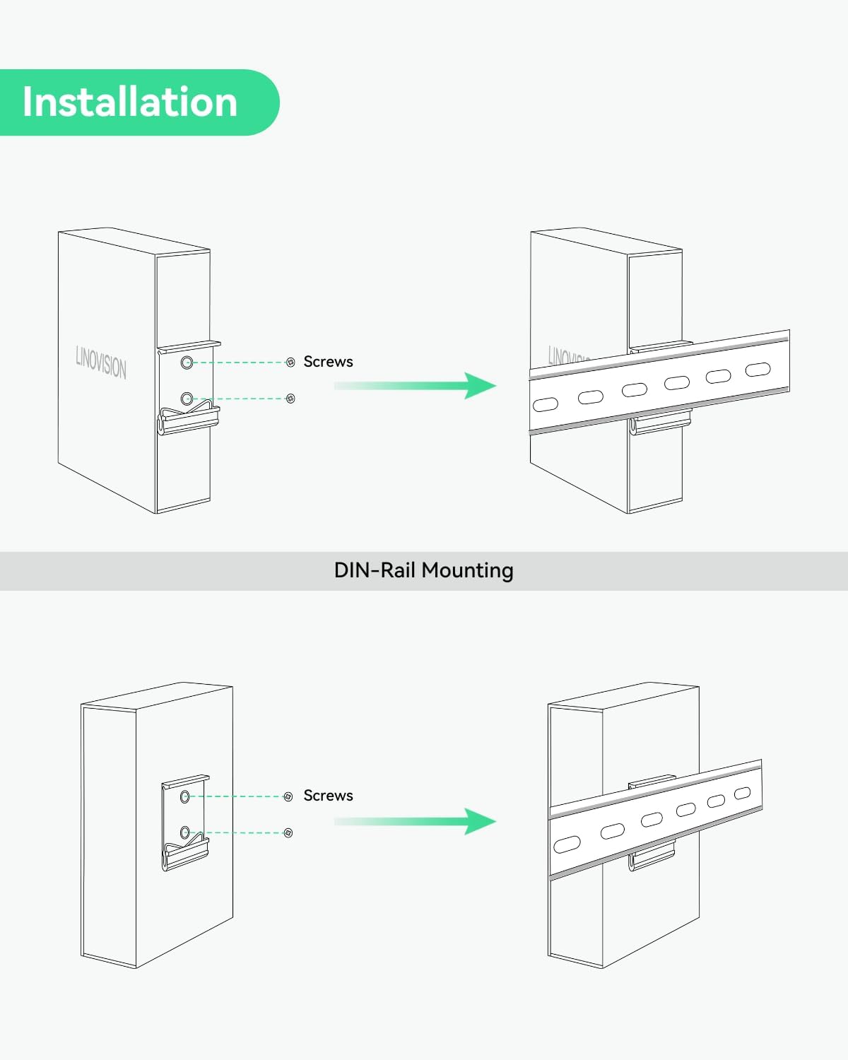 Illustration of DIN-rail mounting process for the PoE splitter