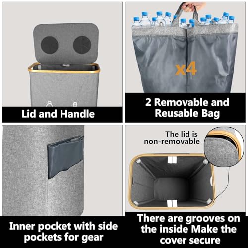 Pfandflaschen Sammelbehälter 2 Fächer, 160L Pfandflaschen Behälter mit 4 Tragetaschen, Große Aufbewahrung Pfandflaschen, Leergut Altglas Sammelbehälter Deckel, Flaschentasche Küche Abstellraum, Grau