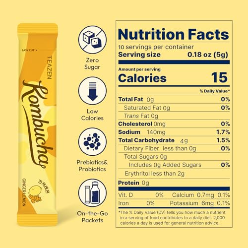Image of TEAZEN Lemon Ginger Hot Kombucha Tea, Spice Tea, Live Probiotics & Postbiotics, Relaxation and Warmth for Colds and Sore Throat, Hydration Drink Mix, Sugar Free, On-the-Go 10 Packets, 1.76oz