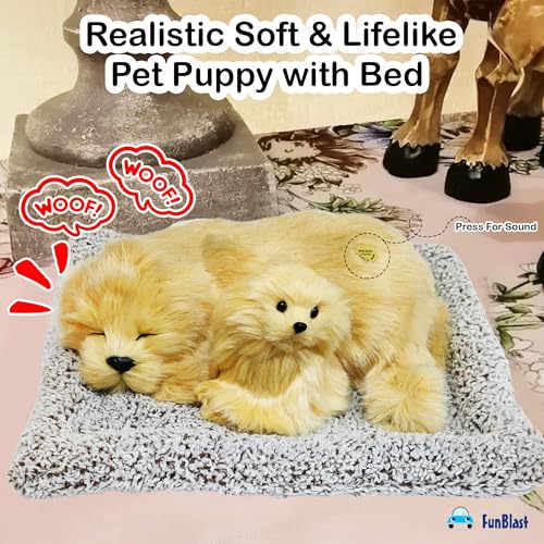 Image of FunBlast Sleeping Cute Dog with Puppy - Realistic Soft & Lifelike Pet Puppy with Bed for Car Dashboard and Home Decor, Sleeping Dog Soft Toy (Light Brown)