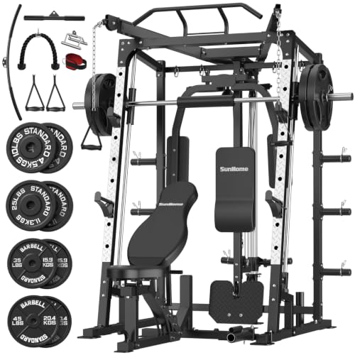 Image of SunHome Smith Machine, 2000LBS Power Cage Squat Rack with Smith Bar, LAT Pull-Down Systems, Cable Crossover Machine for Home Gym