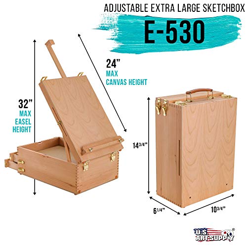 U.s. Art Supply Grand Cayman Extra Large 2 Drawer Adjustable Wood Table Sketchbox Easel, Paint Palette, Premium Beechwood - Portable Wooden Artist Desktop Case - Store Art Paint, Markers, Sketch, Draw #TOP1