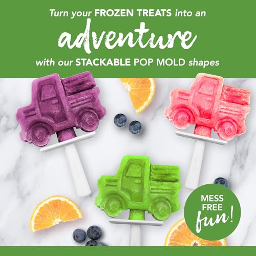 Image of Tovolo Truck Popsicle Mold Pack of 4 Silicone Ice Pop Makers with Sticks for Kids, Stackable Construction Vehicle Shaped Frozen Treats, BPA Free Dishwasher Safe Truck Molds for Popsicles