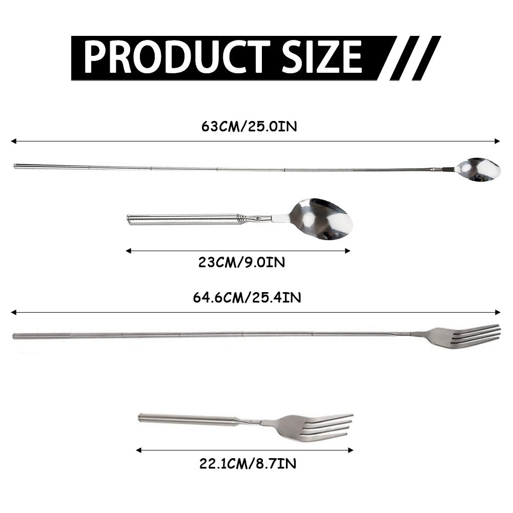 2 Pieces Extendable Fork and Spoon 22-63cm Stainless Steel Extendable Tableware BBQ Fork Long Retractable Spoon Long Handle Roasting Sticks for BBQ Camping Toasting Cocktail Dessert Dinner - Image 2