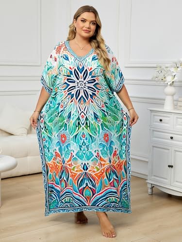 Image of KECVOT Kaftan Dresses for Women V-Neck Print Swimsuit Cover Up Plus Size Beach Caftan Lounge Dress